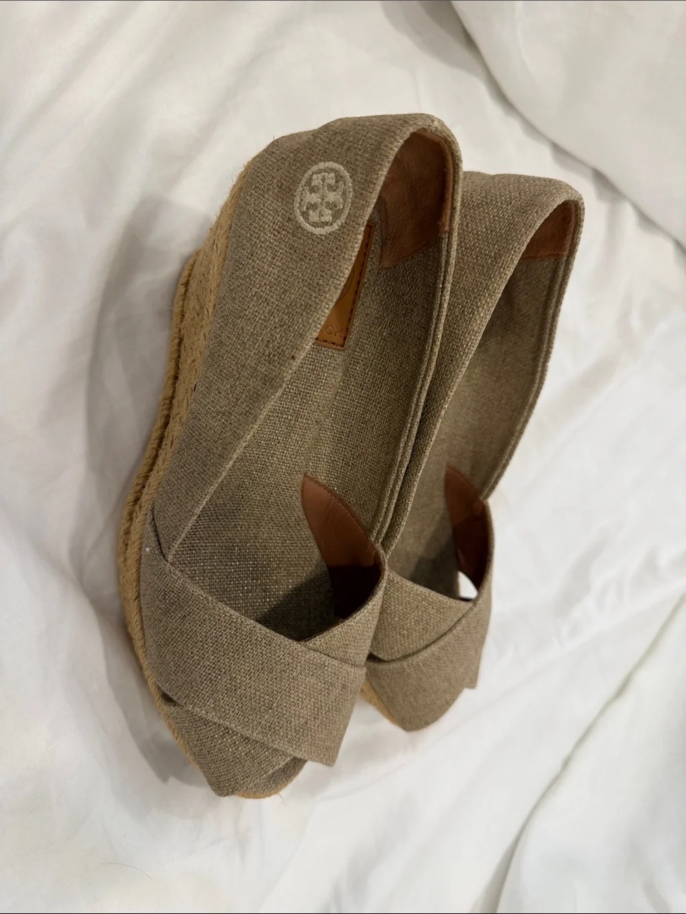 Tory Burch Beige Linen Espadrille Platform Sandals